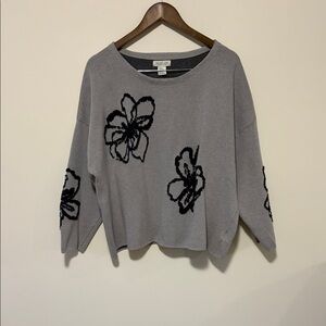 Rachel Zoe Gray Crewneck Sweater with Blue Floral Motif